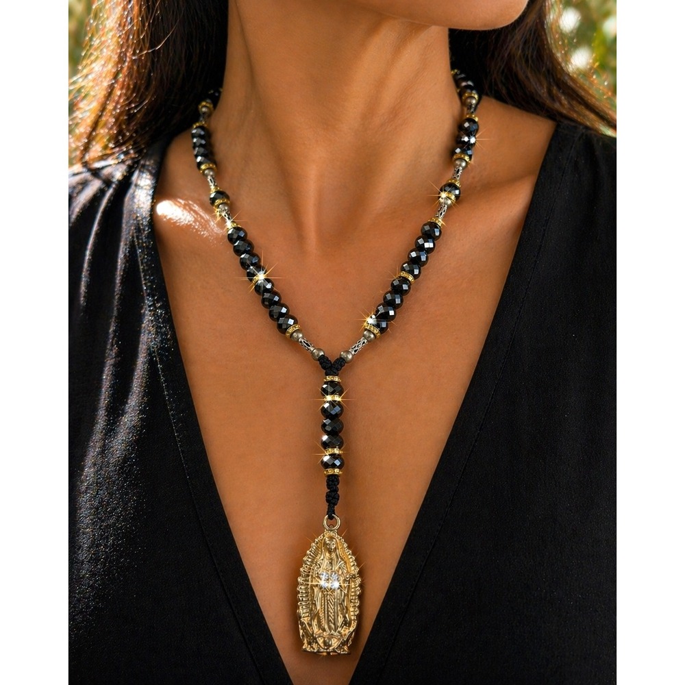 Vintage Rosary Style Necklace Black Faceted Glass Guadalupe Pendant Statement